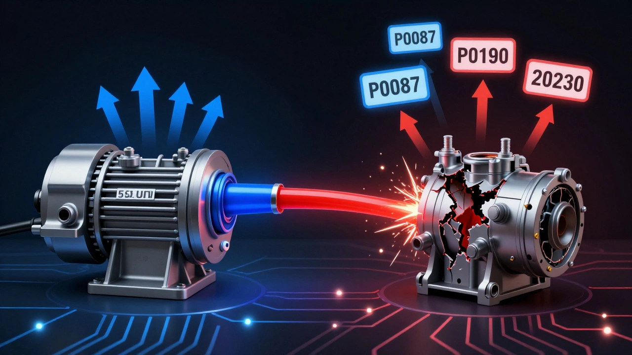 Split-screen comparison of healthy versus failing fuel pump with diagnostic trouble codes.