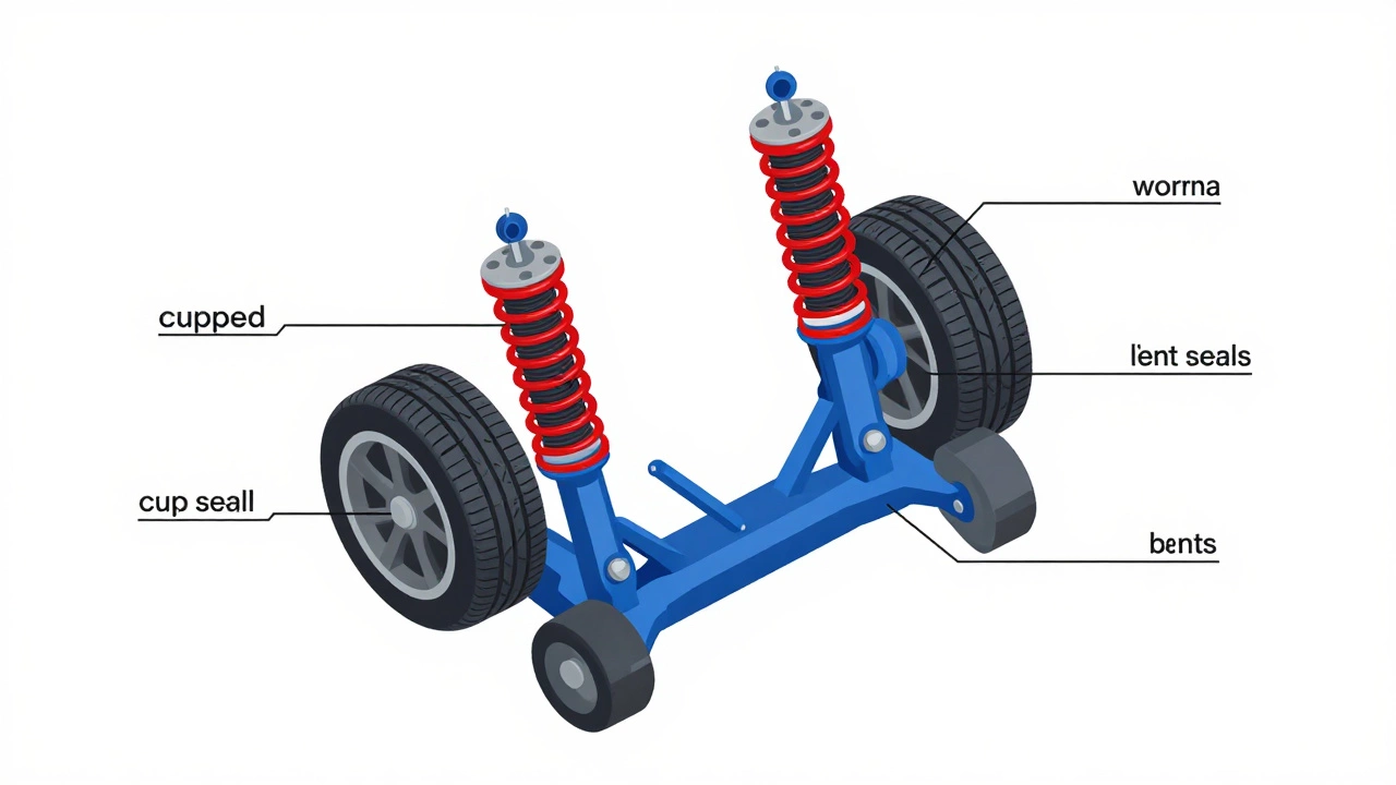 Technical isometric view of suspension system showing worn shocks in red.