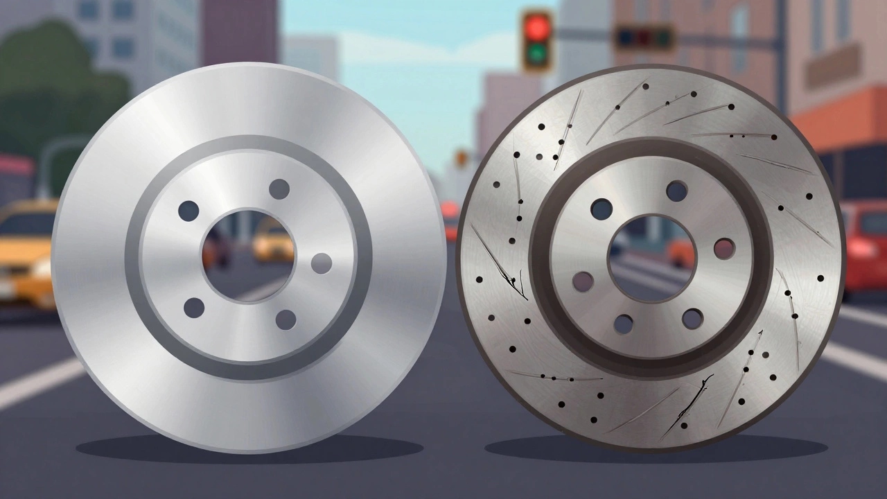 Two types of brake rotors side by side: blank and drilled, against a city traffic scene.