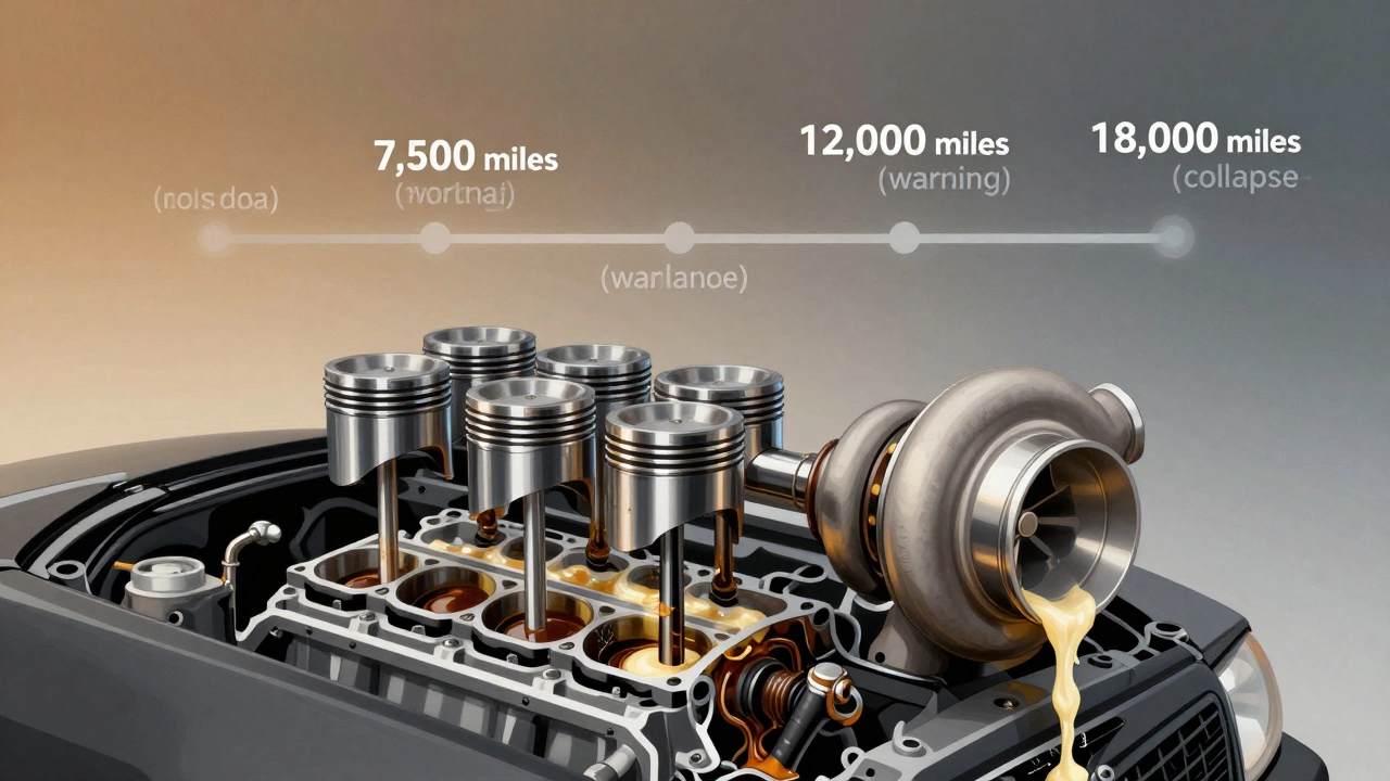 A conceptual engine failure scene with frozen pistons, melting turbo, and milky sludge leaking from a cracked head gasket.