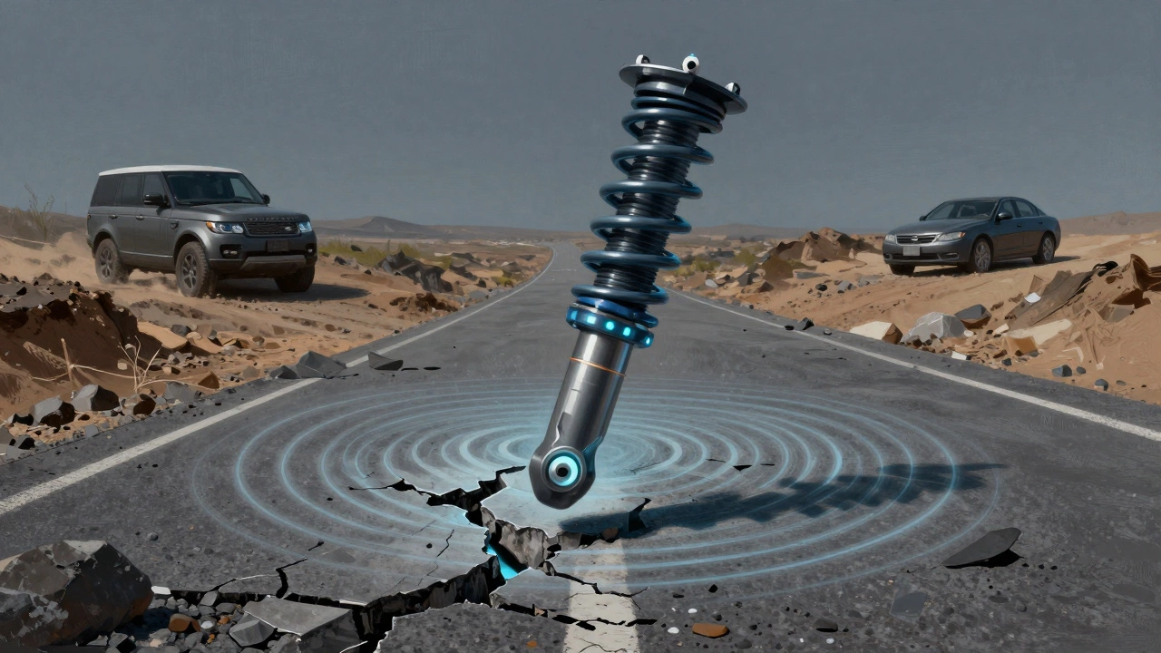 A glowing coilover system suspended above a fractured road, with waves of damping energy radiating outward.