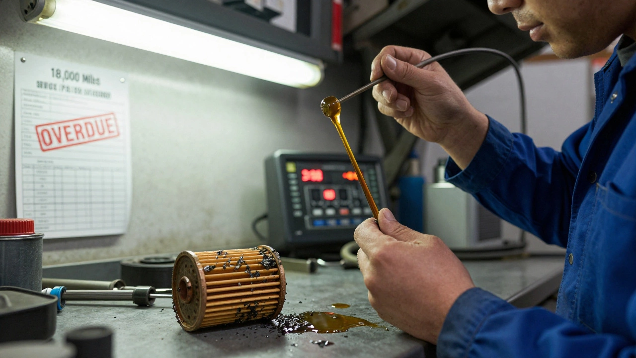 A mechanic inspecting tar-like oil on a dipstick beside a clogged oil filter in a cluttered garage.
