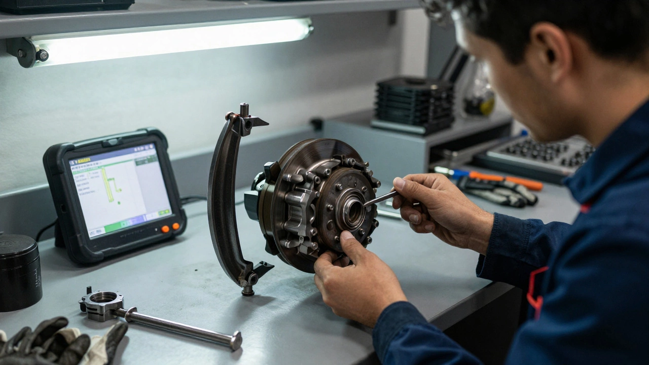 A mechanic using a C-clamp to retract a brake caliper piston during repair.