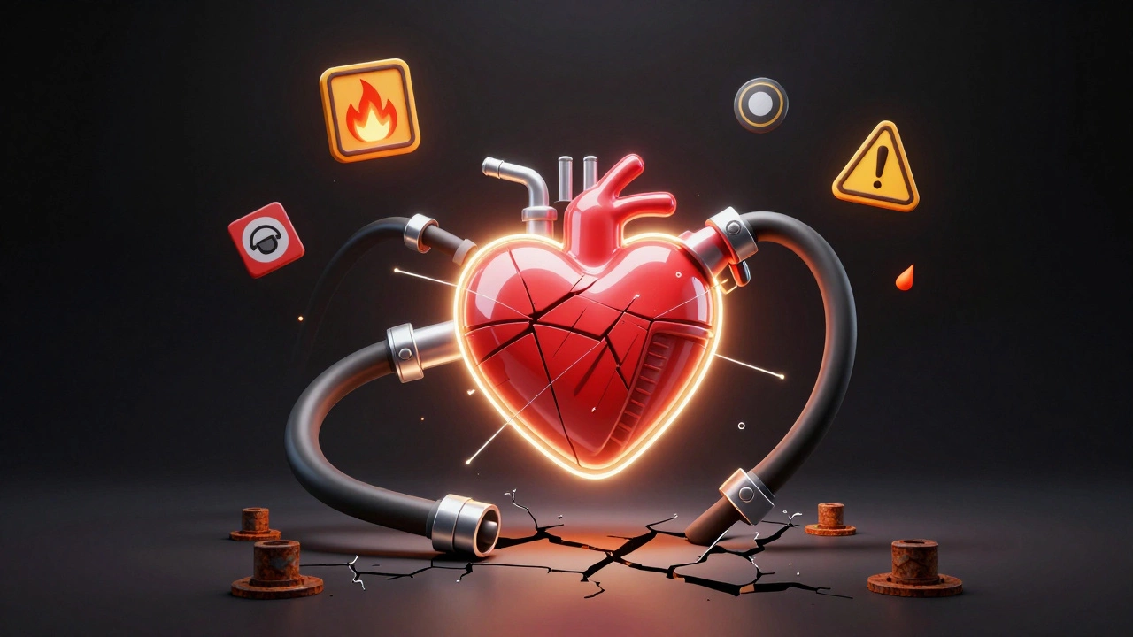Conceptual image of a car engine with a glowing fuel pump heart and warning icons around it.