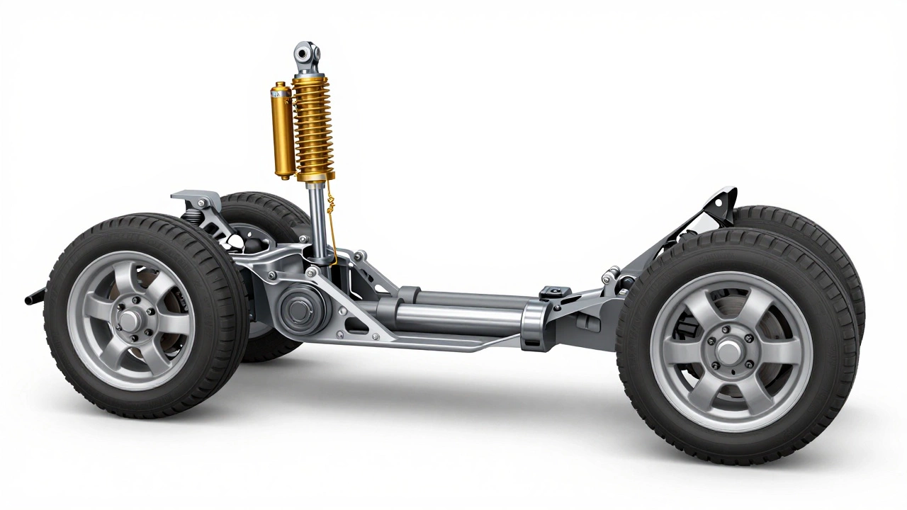 Cutaway comparison showing MacPherson strut versus double-wishbone suspension with fewer parts.