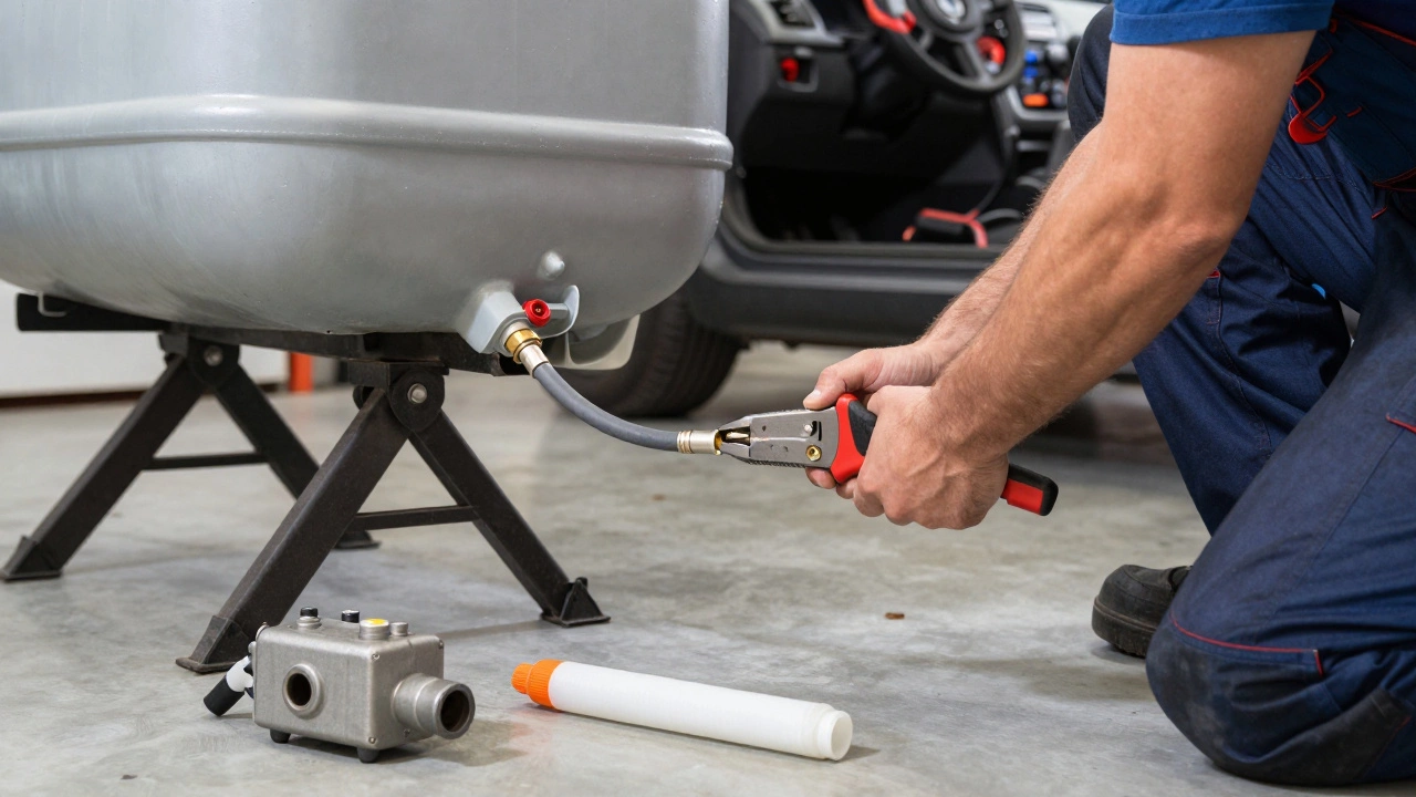 DIY mechanic using proper tools to disconnect fuel lines while lowering a fuel tank with jack stands.
