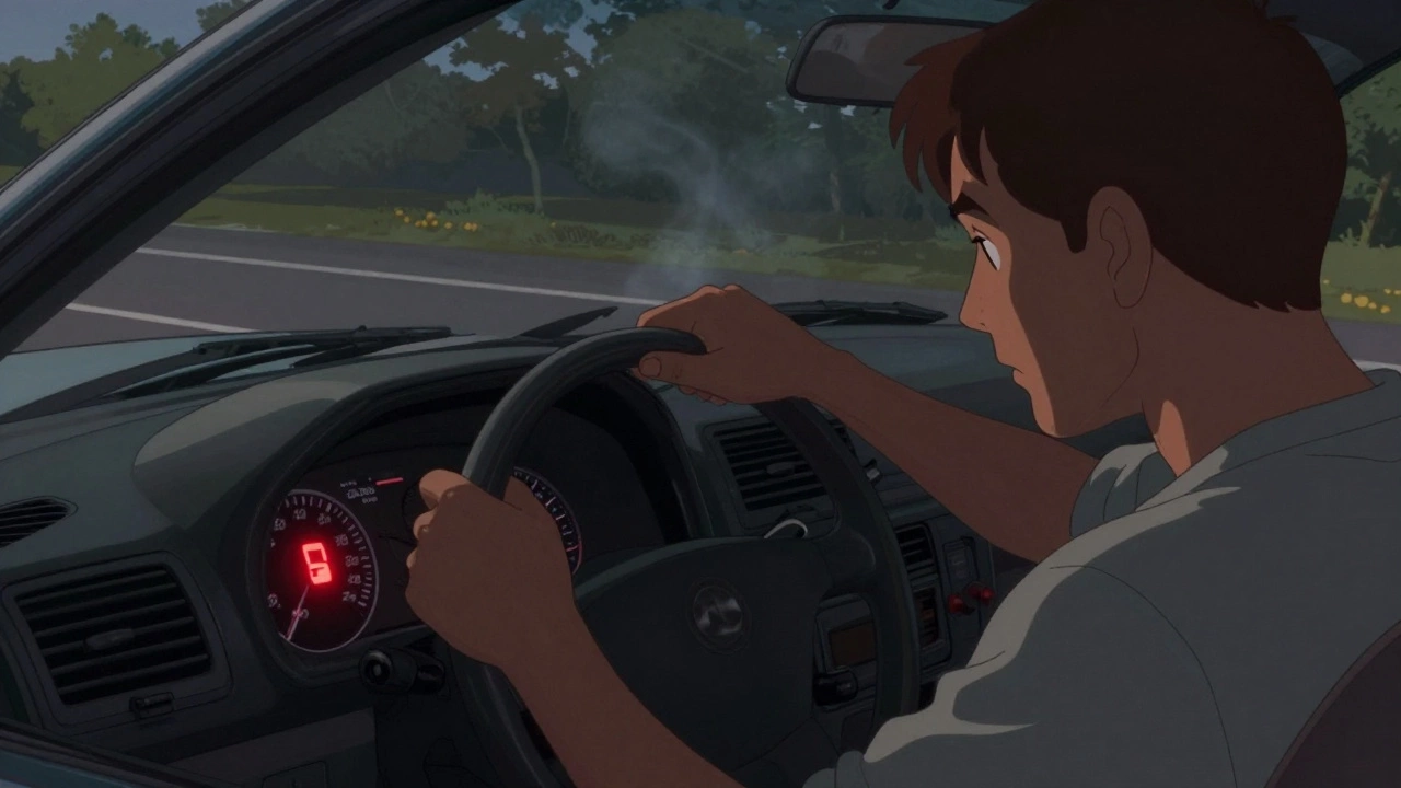 Driver checking flashing check engine light while car idles roadside with exhaust smoke.