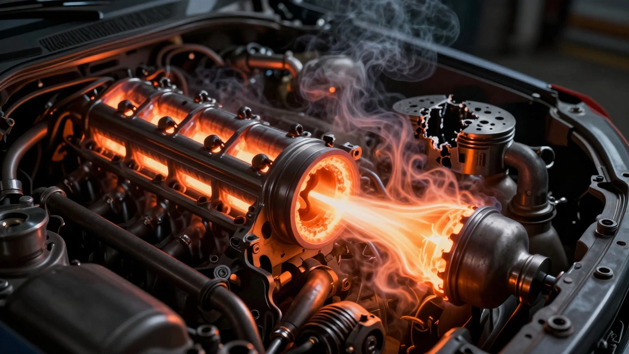 Engine cylinder misfiring, fuel flooding a melting catalytic converter with heat distortion.