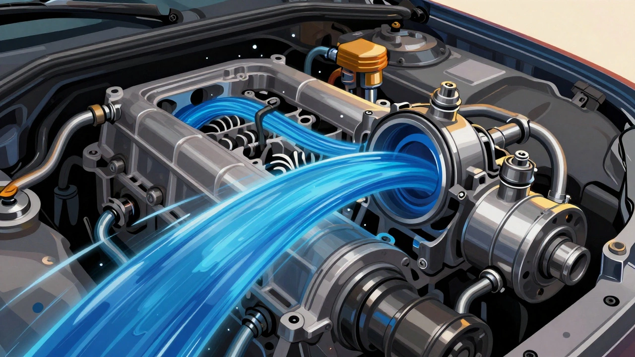 Engine internals with oil circulating upon startup