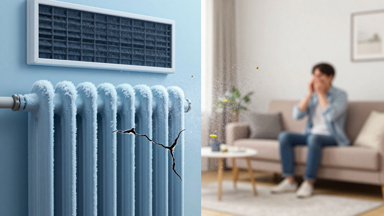 Frost on AC coils with allergens spreading into a room due to a clogged filter.