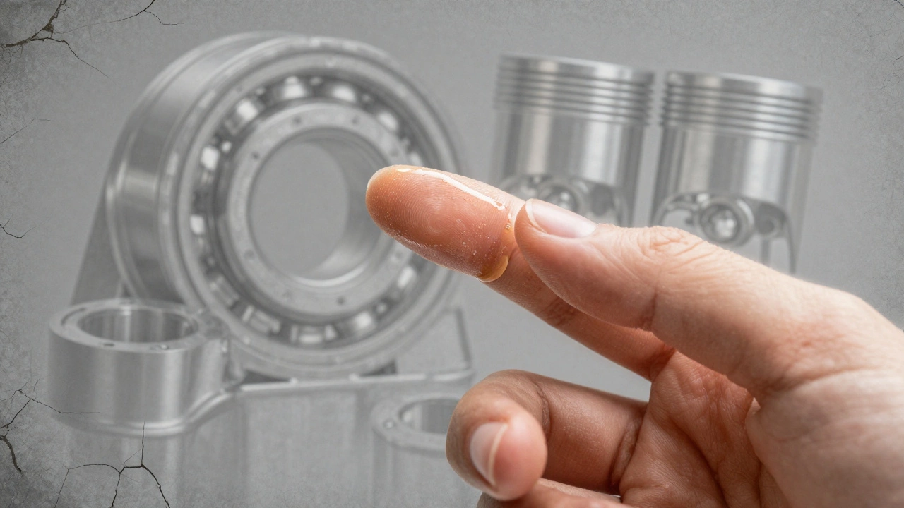 Hand rubbing engine oil with visible grit, signaling contamination and wear.