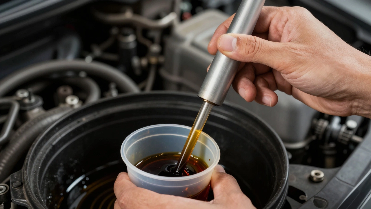 Hands using turkey baster to remove excess oil from dipstick tube