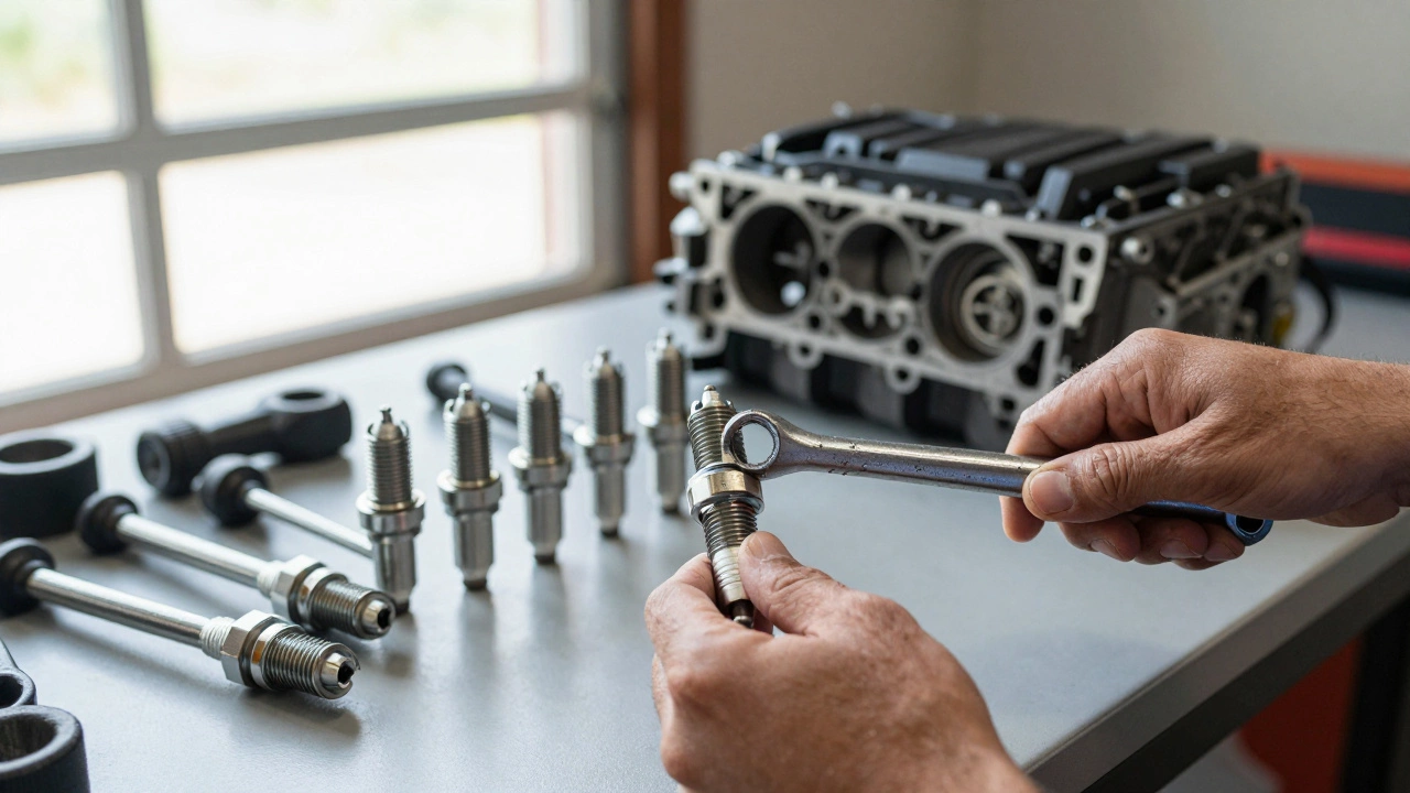Mechanic installing new spark plugs with torque wrench in a well-lit garage.