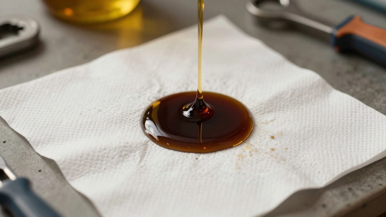 Paper towel with oil spread showing dark center and clear ring, indicating healthy oil.
