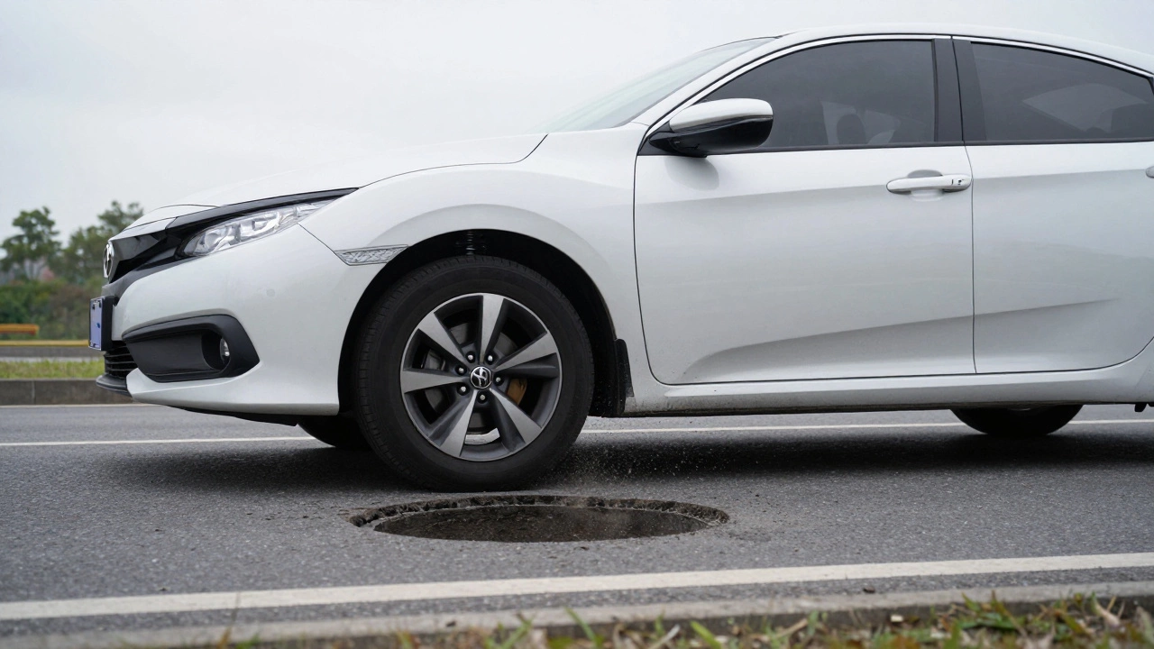 Sedan driving over a pothole with front suspension compressing, tire slightly lifted off the road.