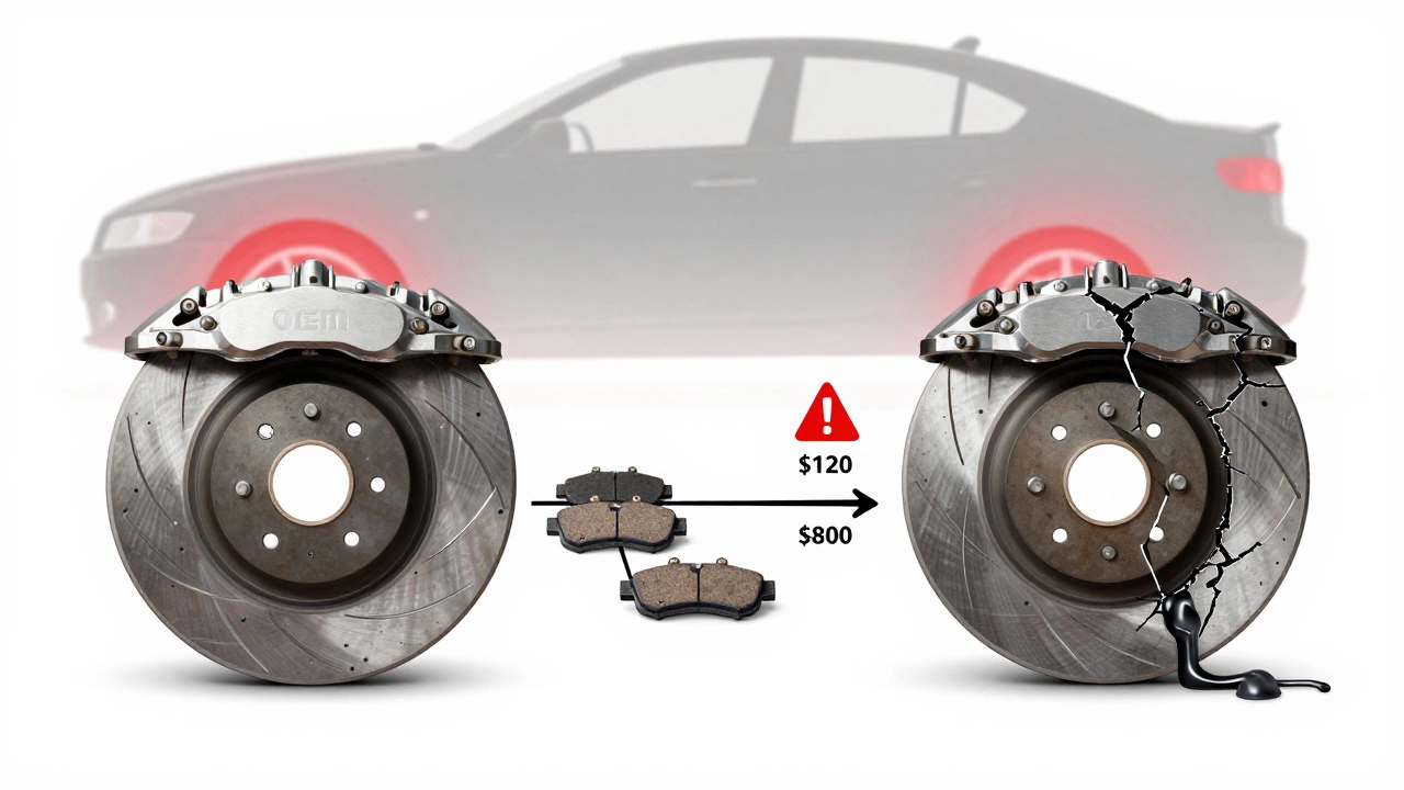 Side-by-side comparison of a new and faulty brake caliper with cost indicators.