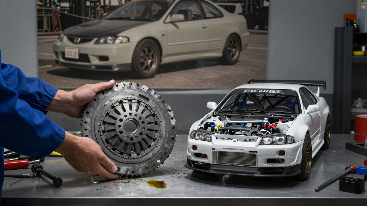 A mechanic comparing a destroyed stock clutch to a racing clutch on a workbench with tools nearby.