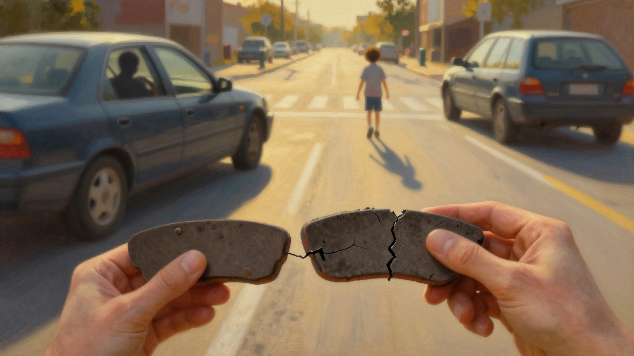 A quarter beside worn brake pads, with a shadowy car heading toward an unseen collision at an intersection.