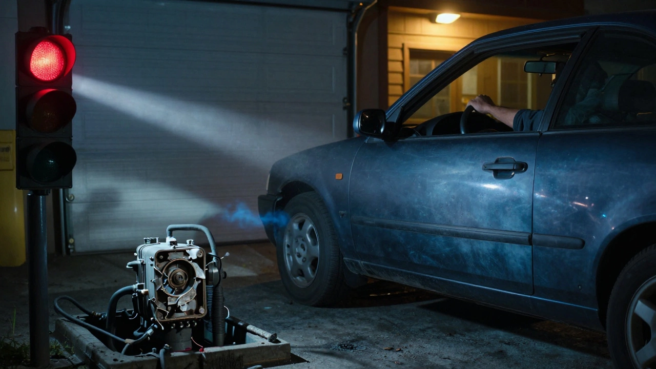 Car sputtering at a red light, mechanic's flashlight revealing worn fuel pump inside gas tank.