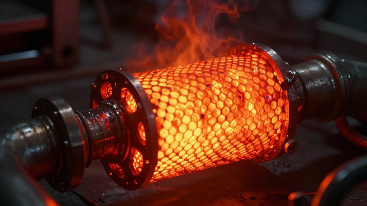 Catalytic converter glowing red hot from unburnt fuel combustion