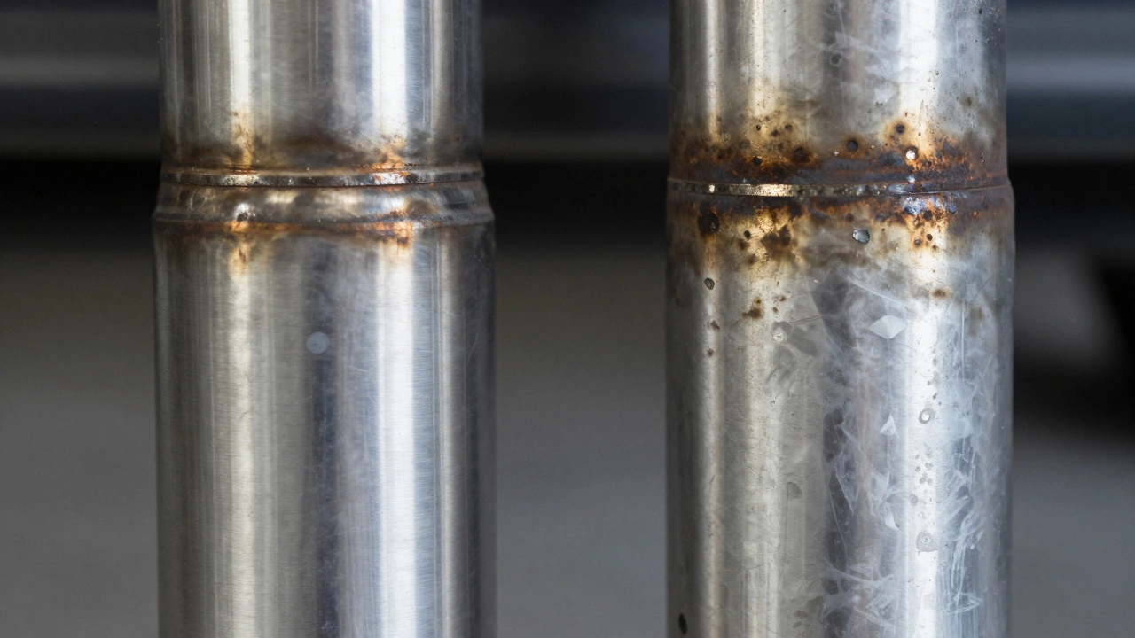 Close up comparing new and rusted exhaust pipes.