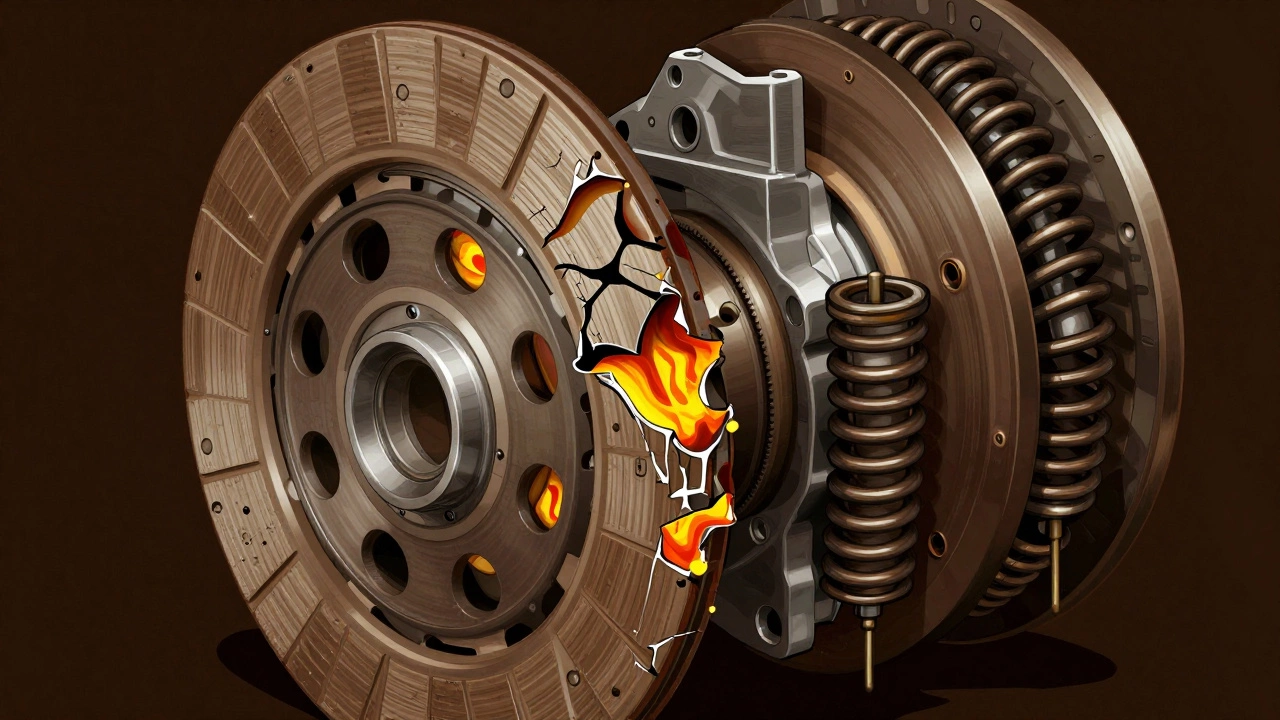 Cross-section of a damaged clutch disc with peeling layers and warped flywheel under intense heat stress.