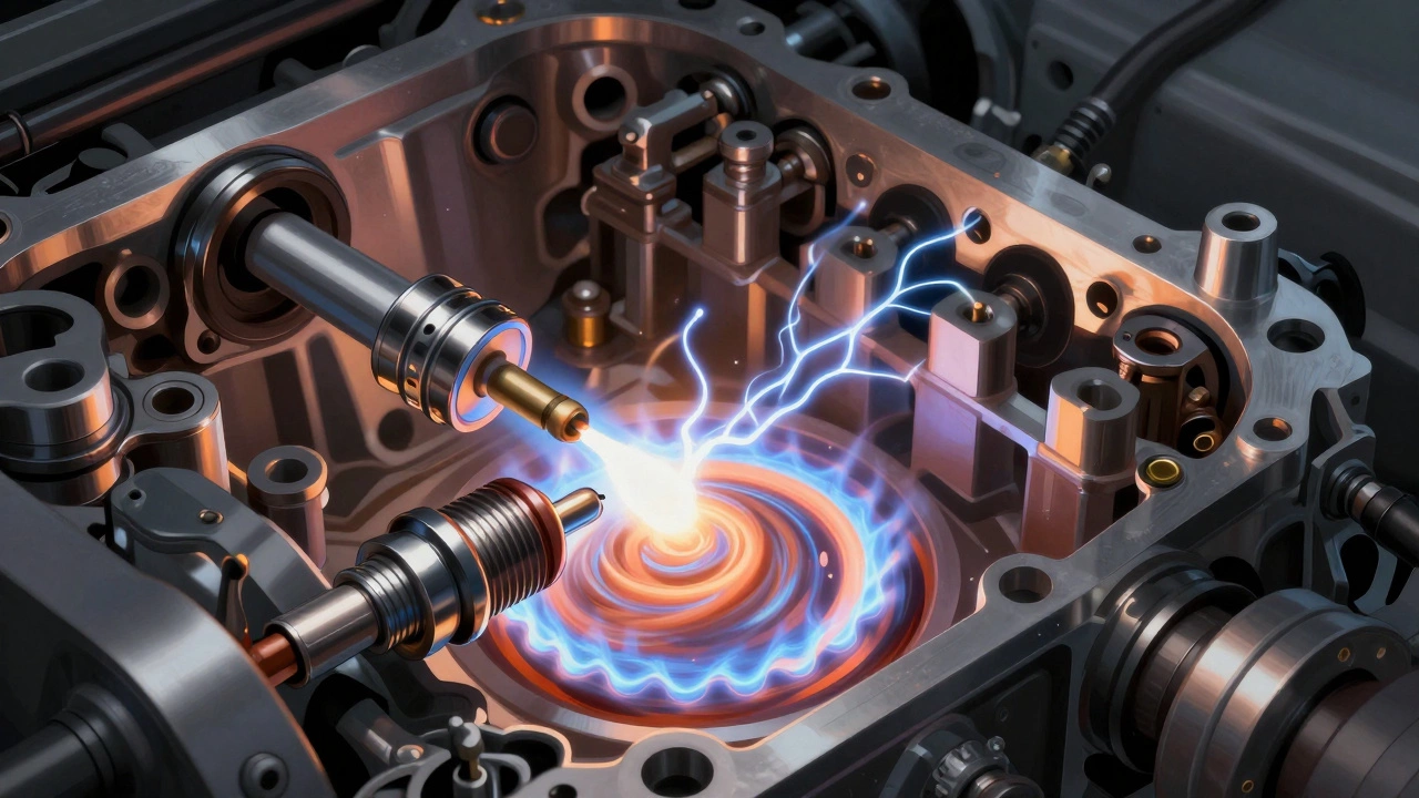 Cross-section of an engine showing a spark plug igniting fuel mixture with electric arc.