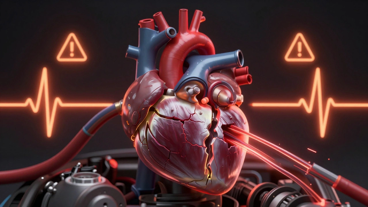 Engine depicted as a heart with failing fuel pump as a damaged ventricle, fuel lines glowing with stress.