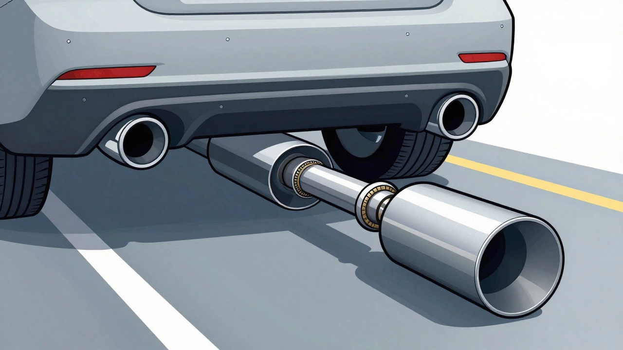 Exhaust system illustrated as a highway with a decorative exit sign representing exhaust tips.