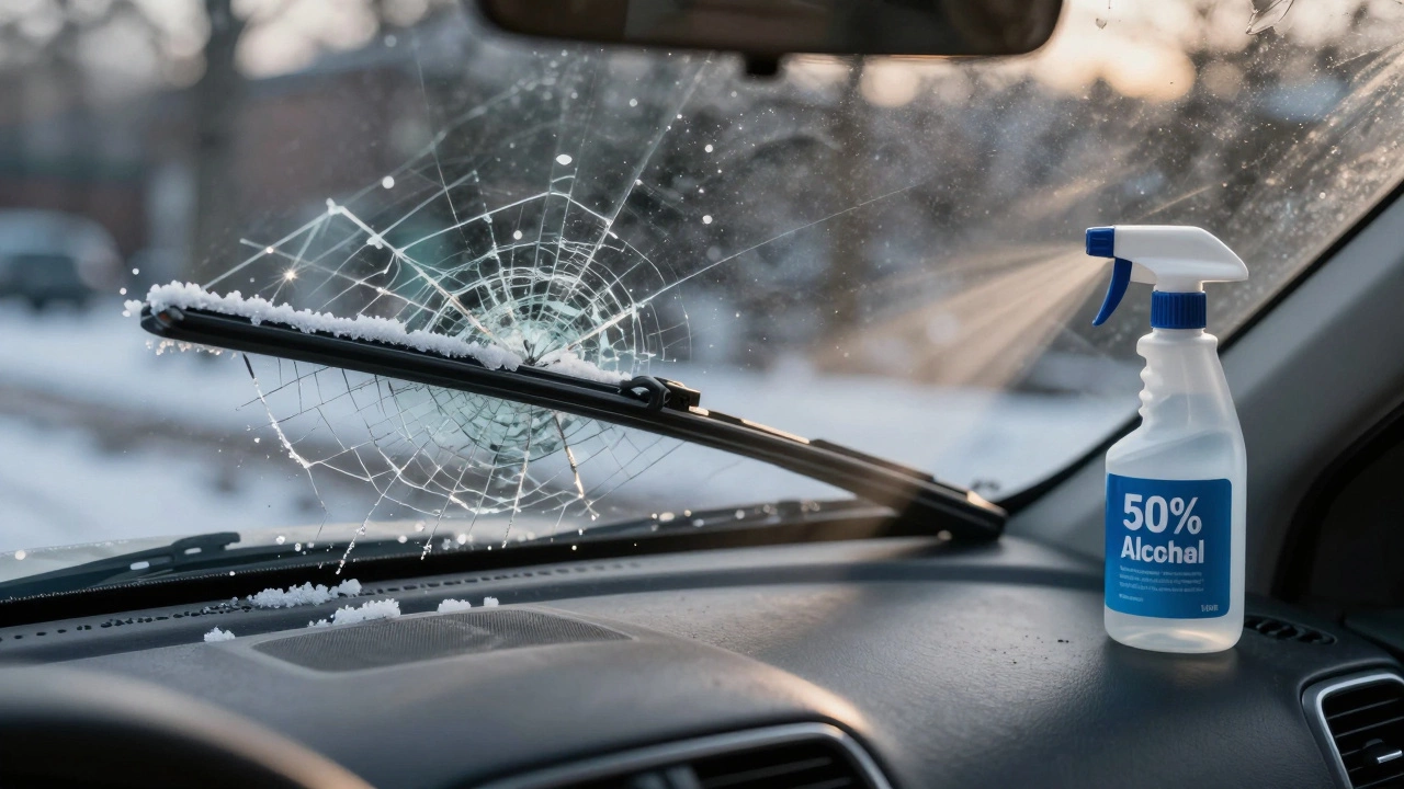 Frozen wiper blade stuck to a cracked windshield with an alcohol spray bottle nearby.