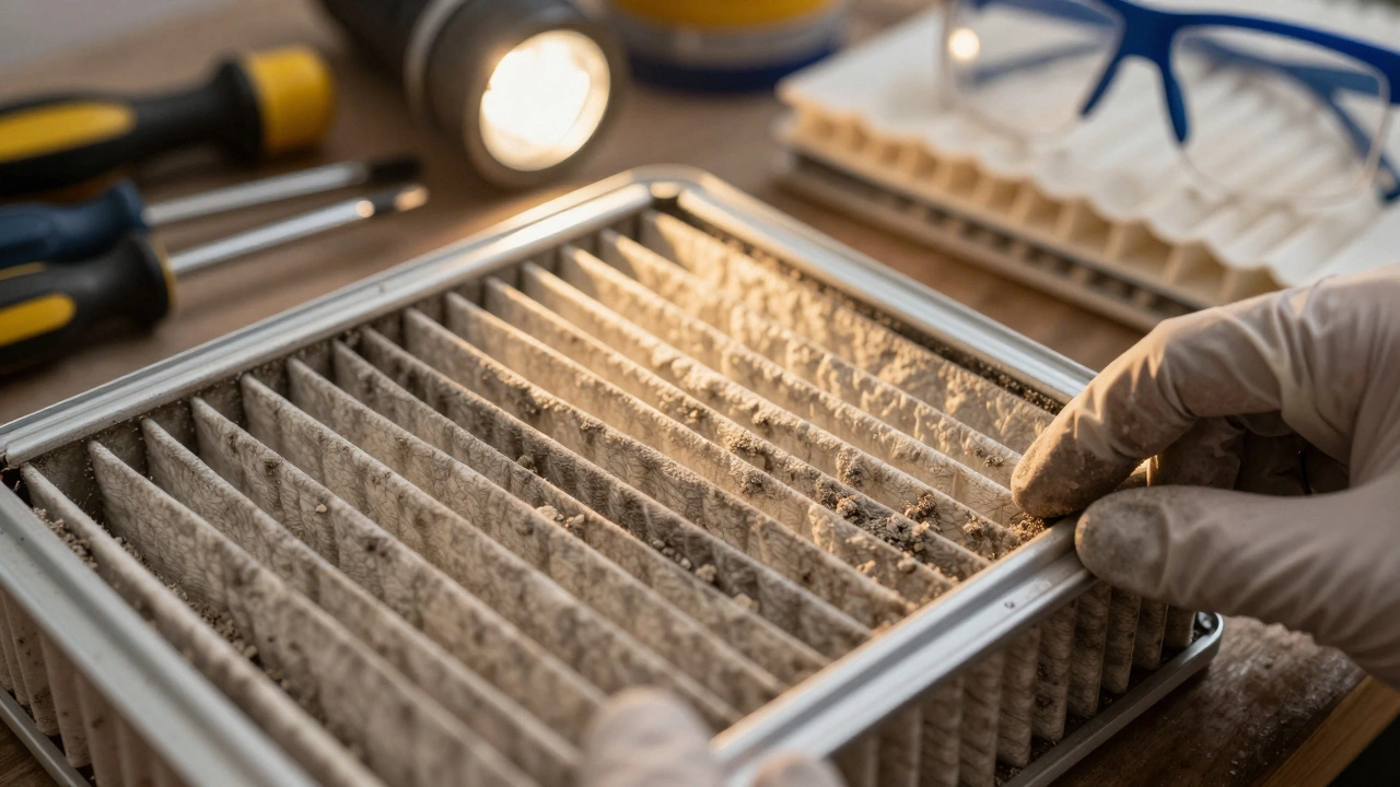 Gloved hands removing dusty pleated air filter from metal frame