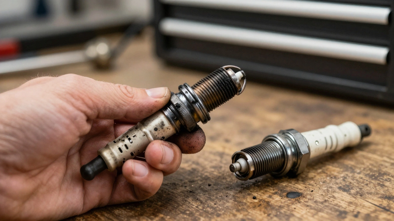 Mechanic comparing a clean spark plug to a soot-covered used plug