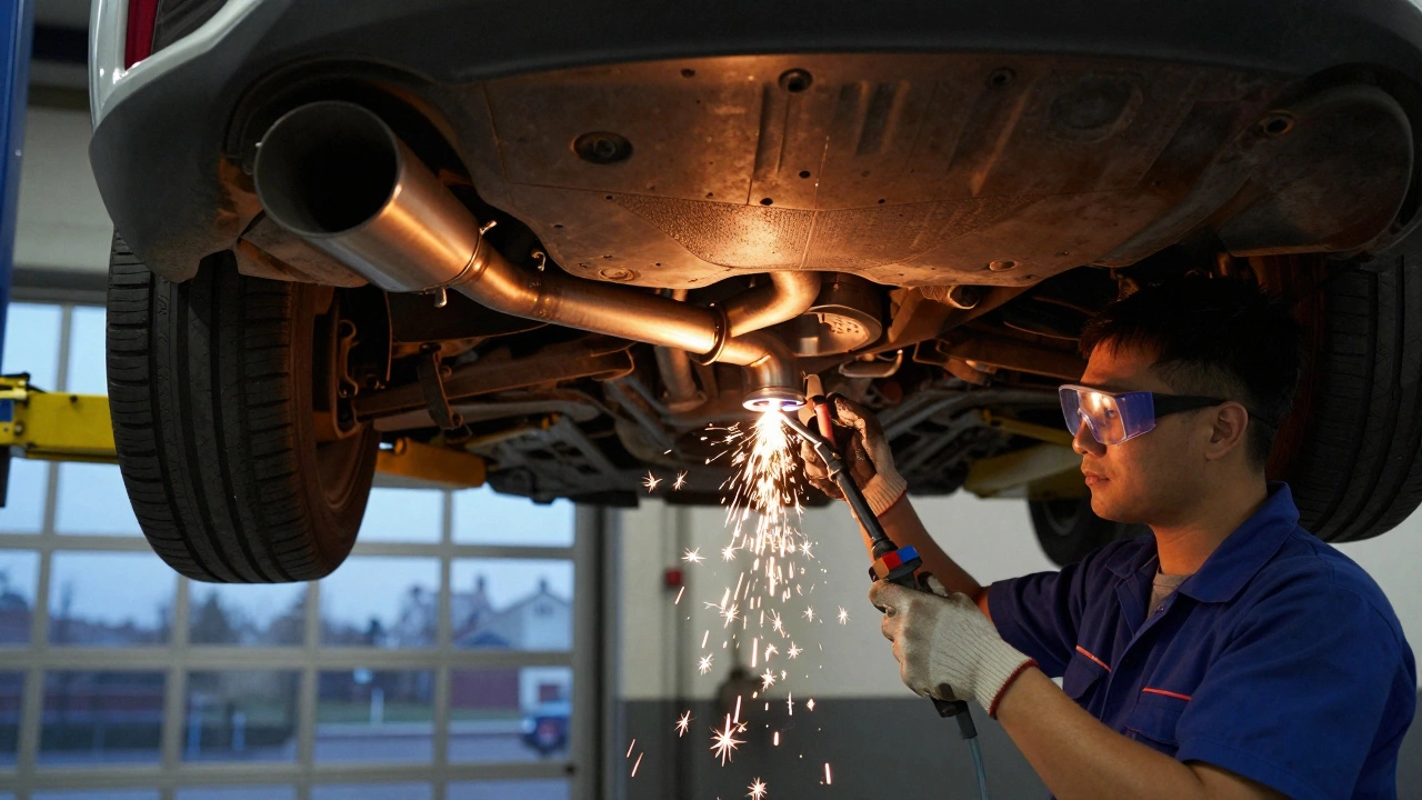 Mechanic welding exhaust pipe in a garage workshop.
