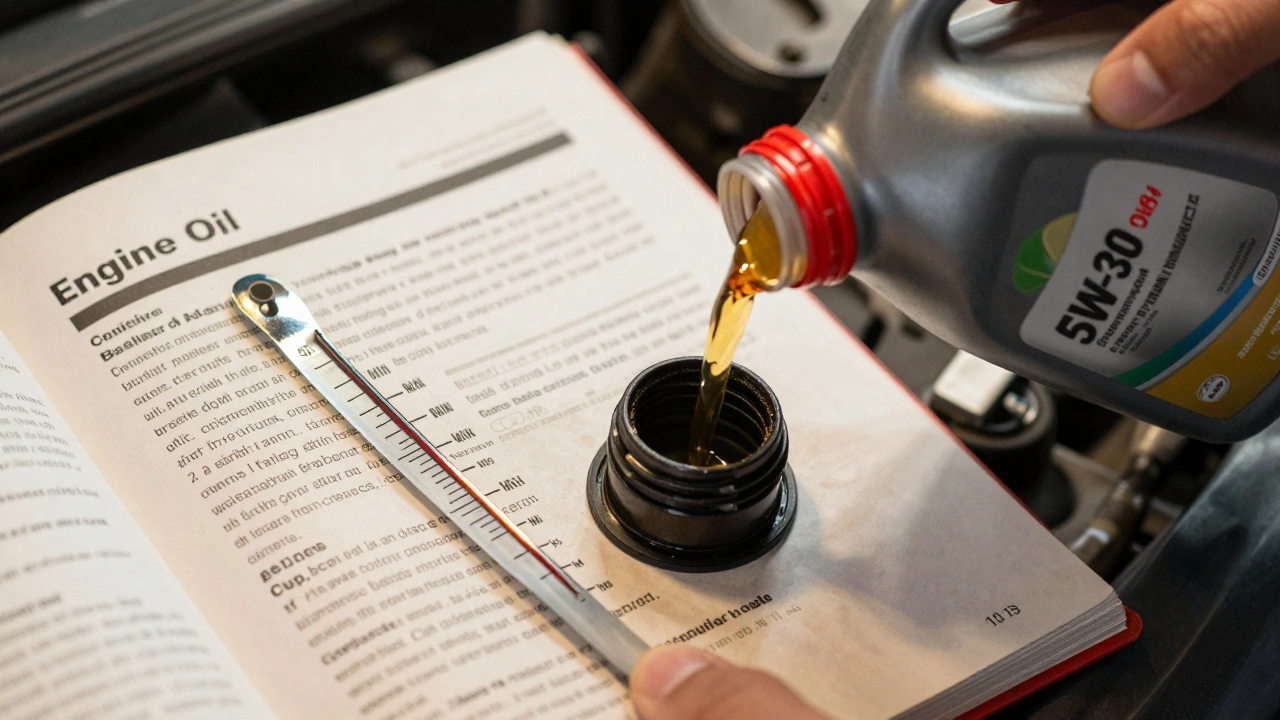 Owner's manual and oil bottle next to a dipstick with MIN and MAX marks.