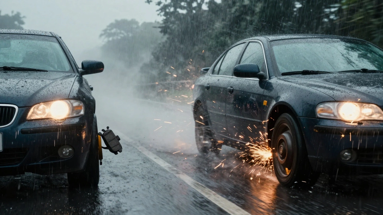 Side-by-side comparison of a car stopping safely versus skidding dangerously on a wet road due to worn brake pads.