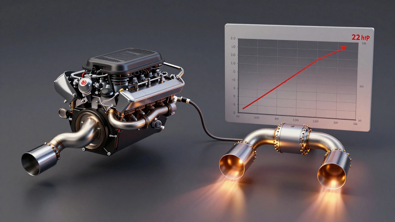 Side-by-side comparison of stock vs. performance exhaust systems with dyno horsepower readings.