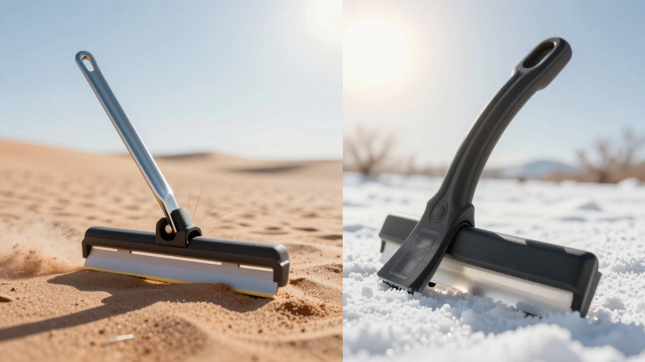Split image comparing budget and premium wiper blades under stress and even pressure.