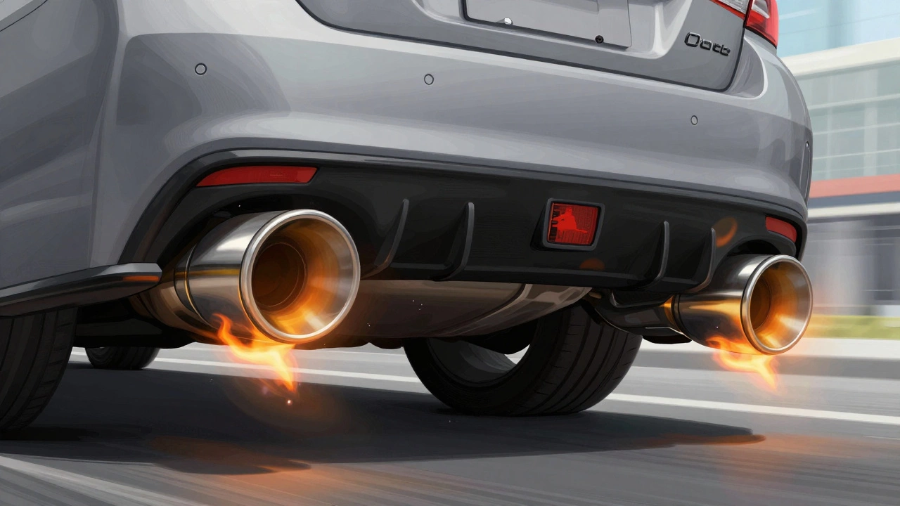 Subaru WRX with cat-back exhaust emitting aggressive crackles and pops during acceleration, motion-blurred urban background.