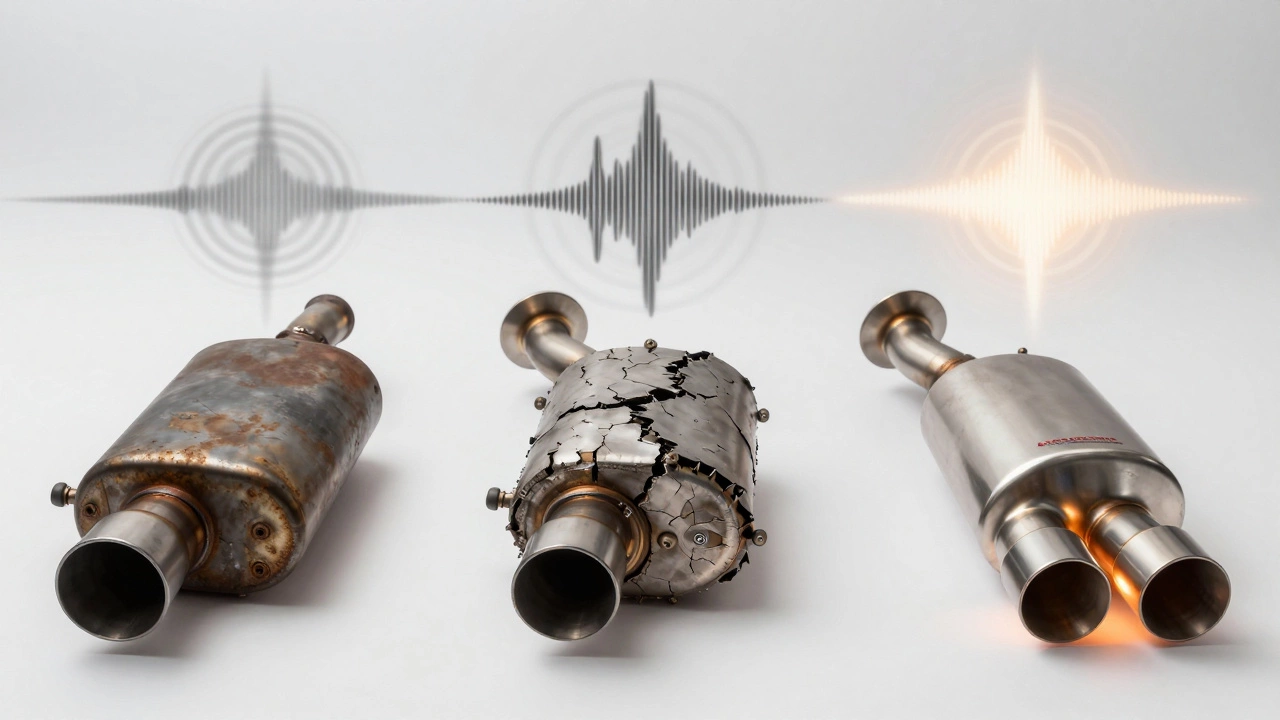 Three exhaust systems compared: stock, budget aftermarket, and premium titanium, each with distinct sound wave patterns.