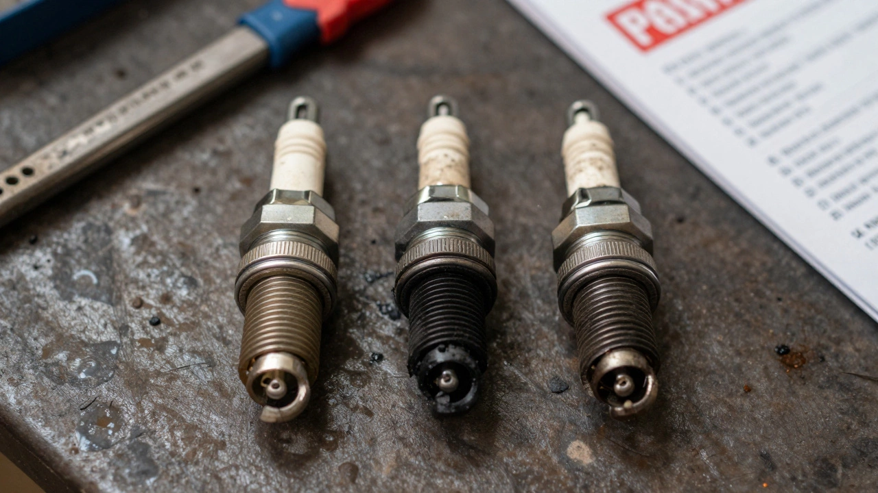 Three spark plugs showing different wear conditions: clean, sooty, and worn.