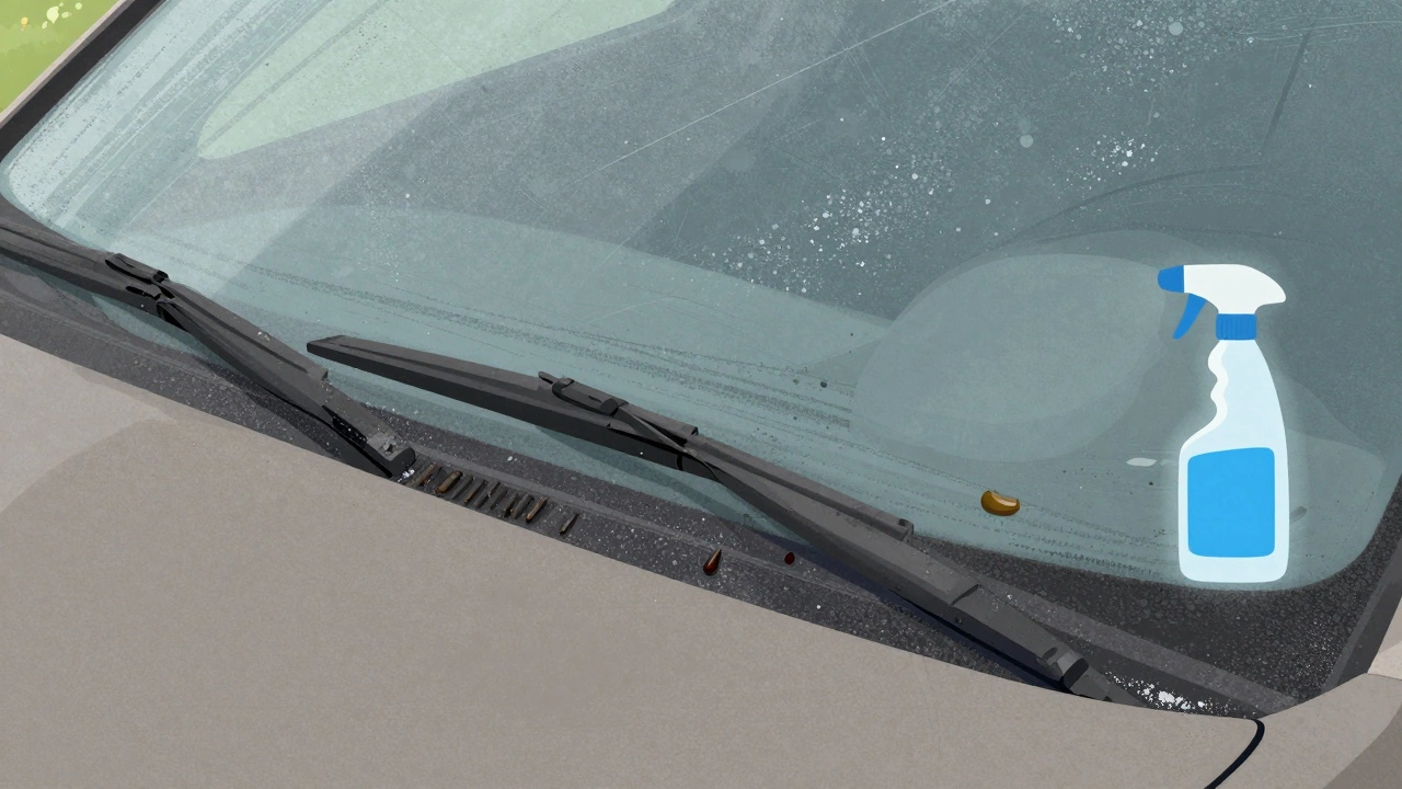 Wiper blade scraping a dirty windshield covered in road grime and salt crystals.