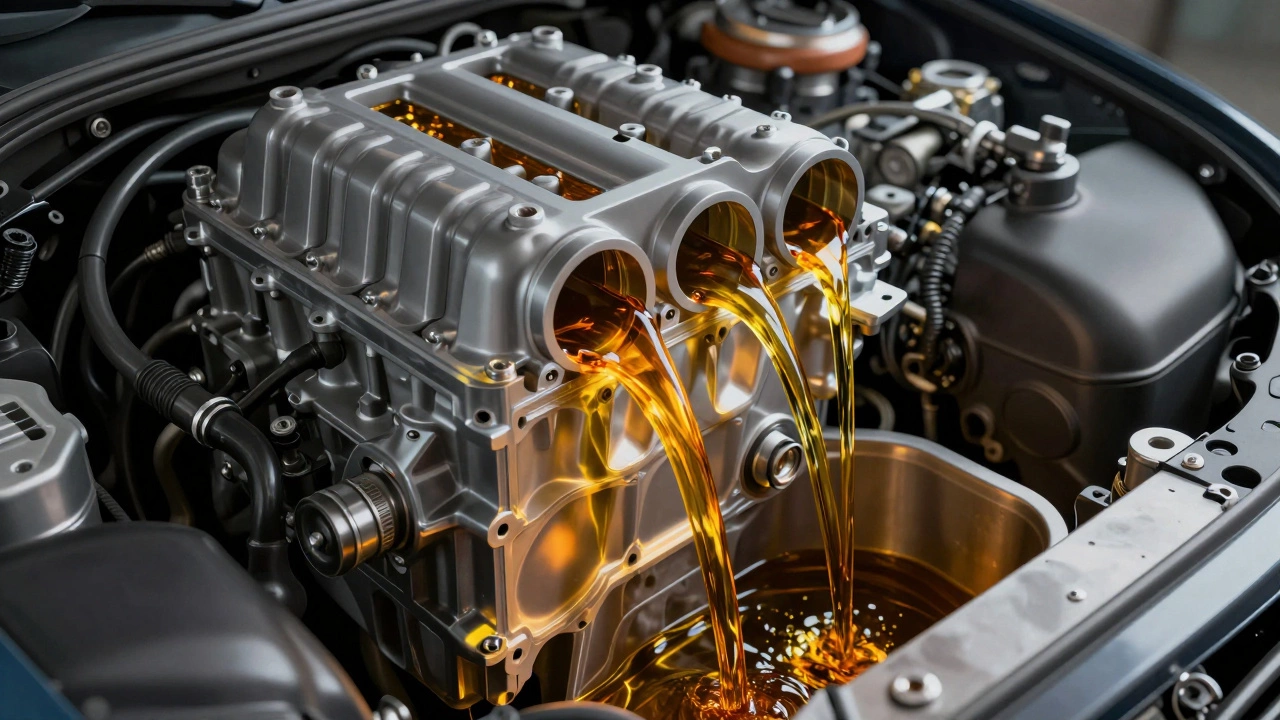 3D cutaway showing amber oil draining from the engine head down into the oil pan