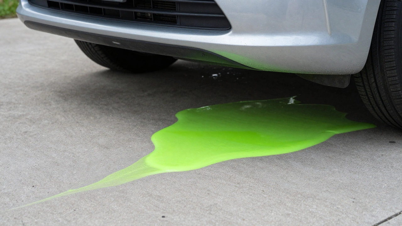 A bright neon green coolant leak forming a puddle on a concrete driveway