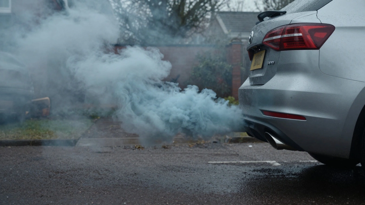A car exhaust emitting a thick cloud of bluish-grey smoke on a driveway