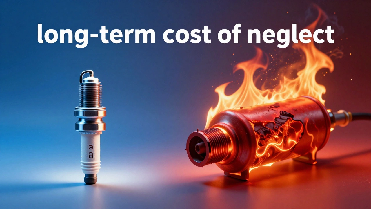 A conceptual image comparing a healthy spark plug with a damaged, overheating catalytic converter.
