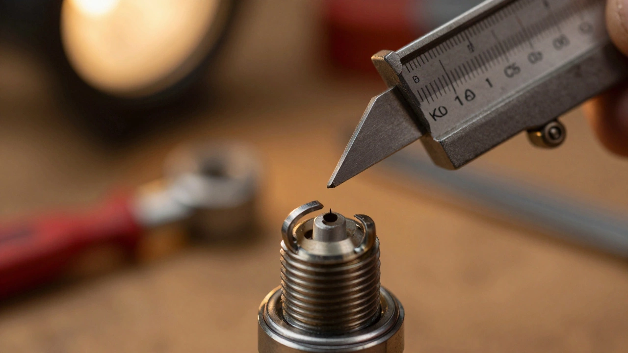 A feeler gauge measuring the precise electrode gap of a spark plug in a workshop.