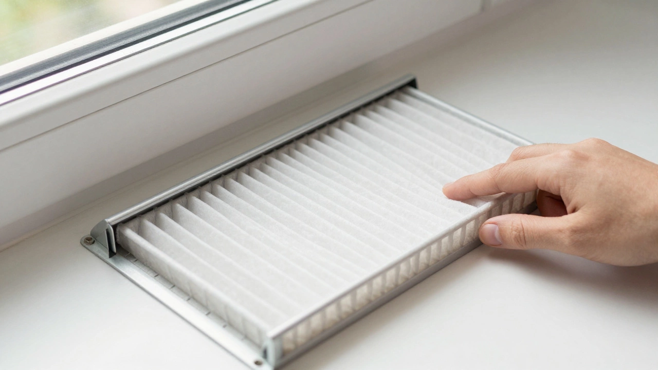 A person installing a thick deep-pleated air filter into a home HVAC system