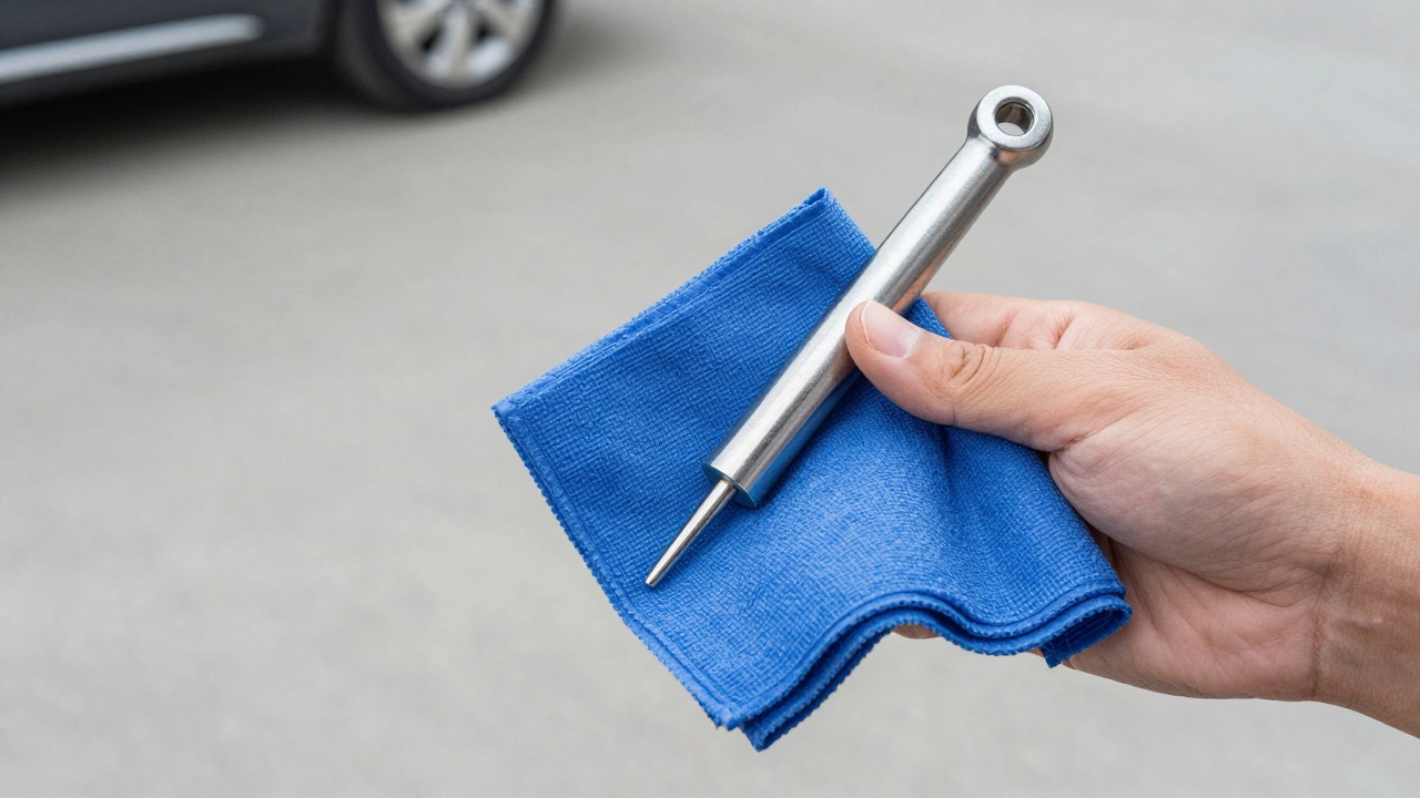 A person wiping a metal dipstick clean with a blue rag while checking oil levels