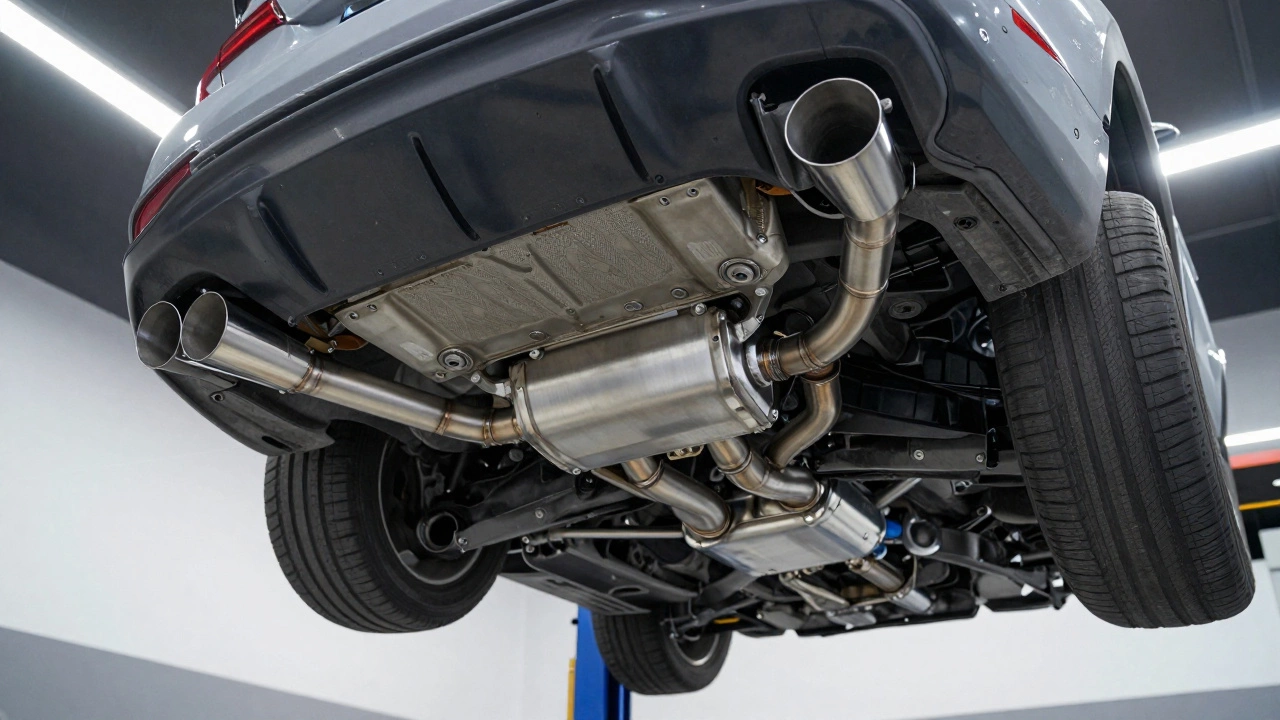A professional installation of a high-flow stainless steel exhaust system in a garage.
