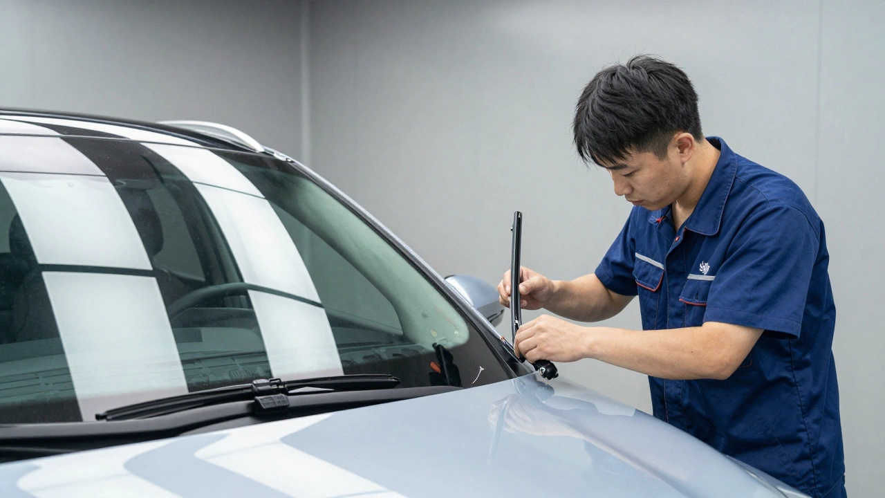 Automotive technician installing new windshield wipers on a car in a service bay